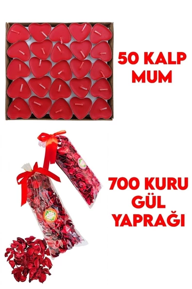 Pazariz 50 Mum + 700 Kuru Gül Yaprağı, Kalpli Mum Ve Kuru Gül Yaprakları