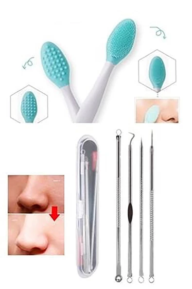 Pazariz 4 Parça Kutulu Paslanmaz Çelik Komedon + Siyah Nokta Temizleyici Dudak Peeling Fırçası 2'li Set