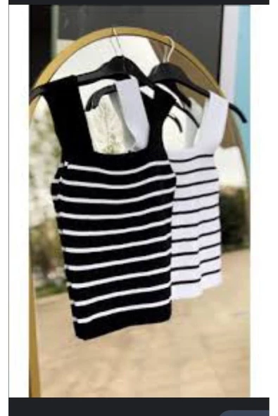 Pazariz Siyah Beyaz Çizgili Kare Yaka Atlet Triko Bluz Crop S / M / L Beden Uyumlu - 3