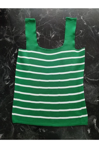Pazariz Yeşil Beyaz Çizgili Kare Yaka Atlet Triko Bluz Crop S / M / L Beden Uyumlu - 3