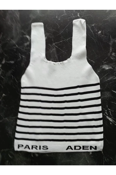 Pazariz Beyaz Siyah Çizgili Kare Yaka Atlet Triko Bluz Crop S / M / L Beden Uyumlu - 3
