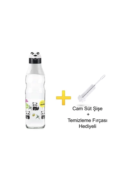 Pazariz Panda Desenli Cam Şişe 1 lt Şişe Temizleme Fırçası Hediye - 2