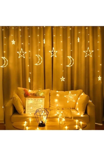Pazariz Dekoratif Ay Yıldızlı Saçak Led Perde Led Işık Animasyonlu Yılbaşı Led Işık Süs - Resim 3