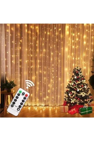 Pazariz Peri Telli Perde Led Işık Kumandalı 300 Ledli 3 X 3 Metre Usb'li 8 Animasyonlu Günışığı Yıld ürün görseli 1