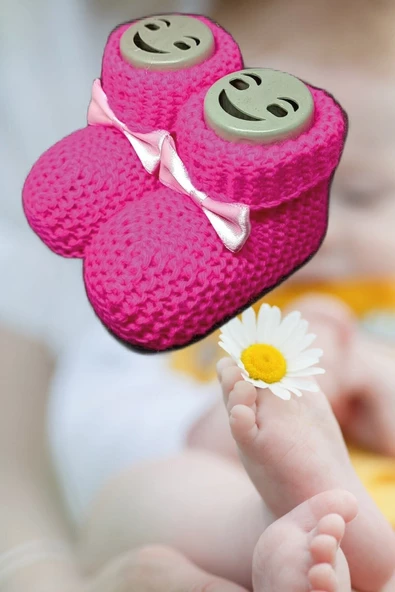 Pazariz Bebek Patik, Fiyonklu Örme Dikişsiz Bebek Patiği, Triko Örgü Bebek Patiği 0-12 Ay Fuşya
