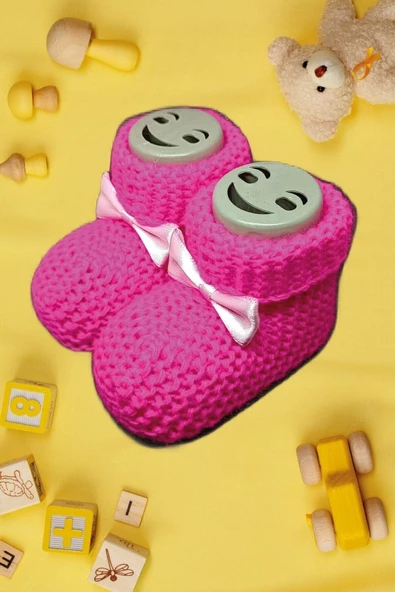 Pazariz Bebek Patik, Fiyonklu Örme Dikişsiz Bebek Patiği, Triko Örgü Bebek Patiği 0-12 Ay Fuşya - 3