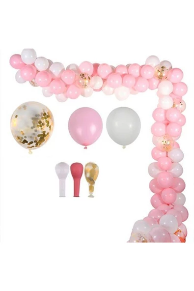Pazariz Pembe Beyaz Zincir Gold Balon Konfetili Balon Seti 7,5 Metre-doğum Günü Balon Seti