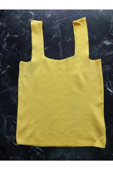 Pazariz Sarı Kare Yaka Atlet Triko Bluz Crop S / M / L Beden Uyumlu - 2