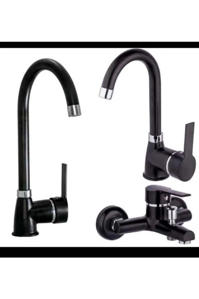 Pazariz Siyah Batarya Seti Mutfak Lavabo Banyo Bataryası 3'lu