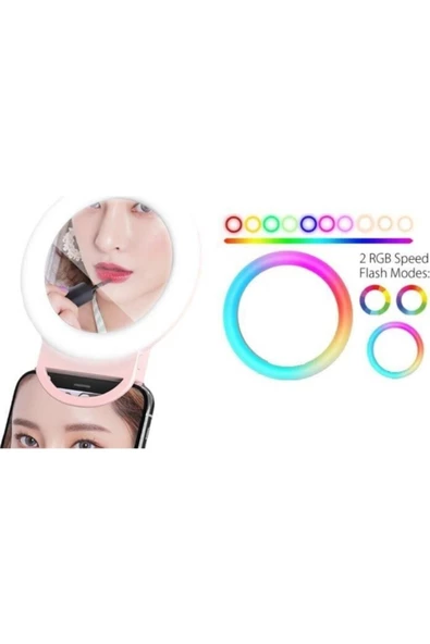 Pazariz Rgb Led Aynalı Selfie Işığı Makyaj Aynası Gökkuşağı Renkli Şarjlı ürün görseli