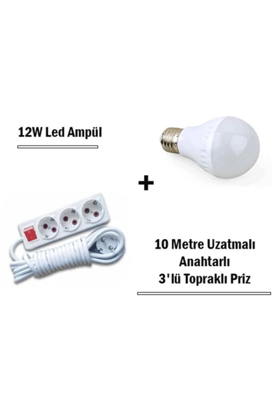 Pazariz 12w Led Ampul  10 mt Uzatmalı Anahtarlı 3lü Priz Set - Resim 3