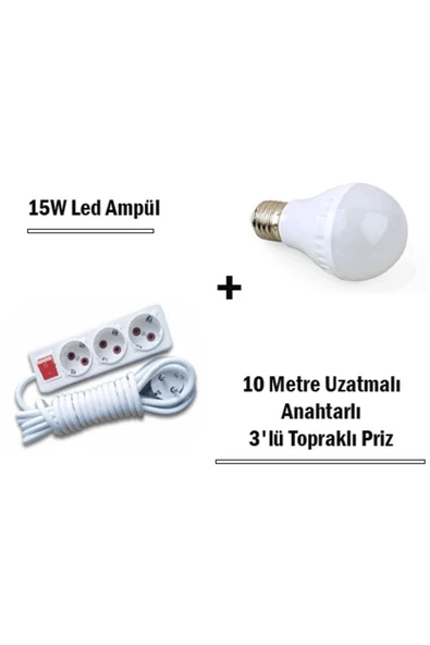 Pazariz 15w Led Ampul + 10 Metre Uzatmalı Anahtarlı 3lü Priz Set - 3