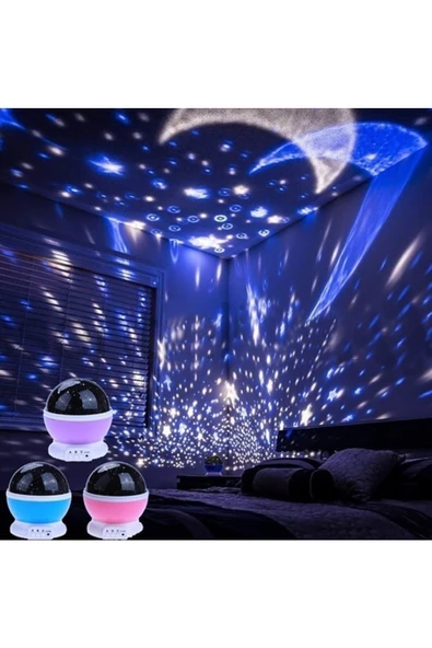 Pazariz Renkli Ay Yıldız Tavan Yansıtma Pilli Led Gece Lambası Gökyüzü Projeksiyonlu Dönen Küre ürün görseli 1