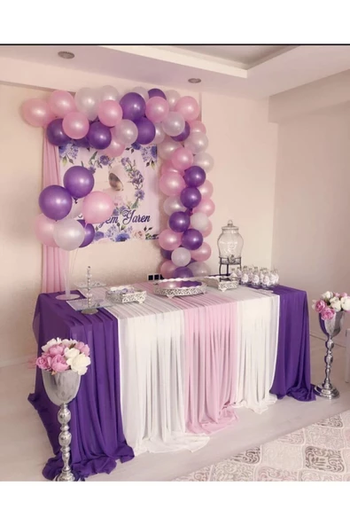 Pazariz 50 Adet Metalik Mor Ve Pembe Pastel Beyaz Balon +5 Mt Balon Zinciri