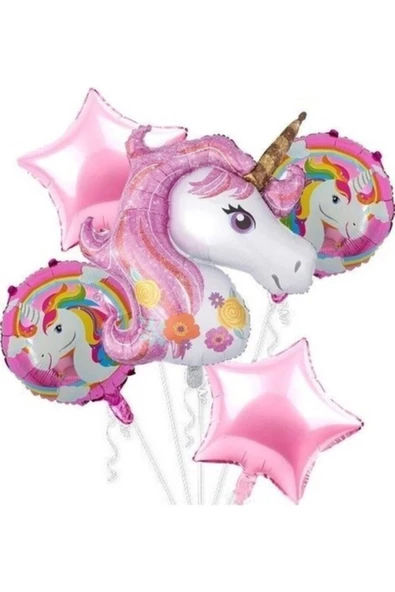 Pazariz Unicorn Folyo Balon Seti Pembe 5 Li Set Gn