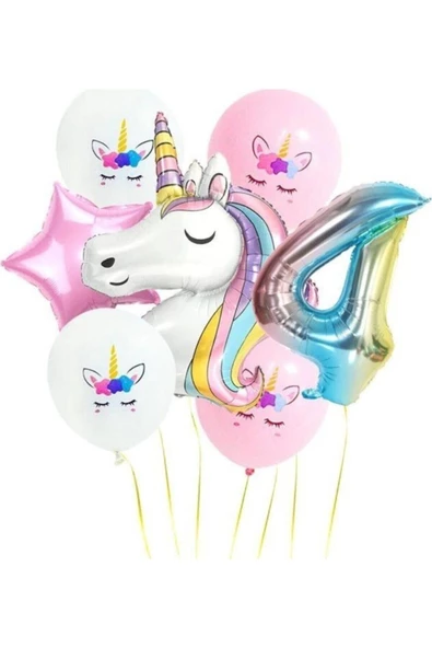 Pazariz Gökkuşağı Rakam Unicorn Folyo Balon Seti 4 Yaş