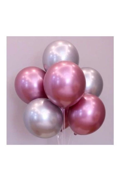 Pazariz Balon Parti Balonu Krom Balon Gümüş-pembe Balon 10 Adet