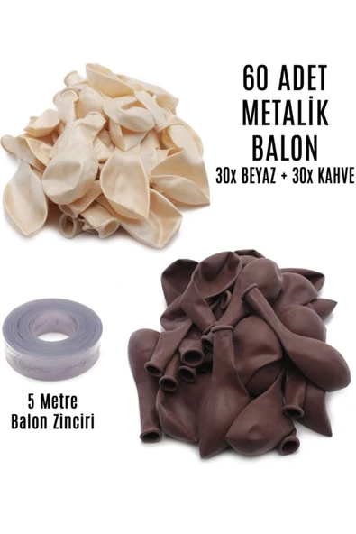 Pazariz 60 Adet Beyaz Ve Kahverengi Karışık Metalik Balon + 5 Metre Balon Zinciri