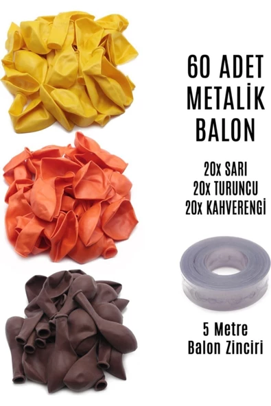 Pazariz 60 Adet Sarı - Turuncu - Kahverengi Karışık Metalik Balon + 5 Metre Balon Zinciri ürün görseli