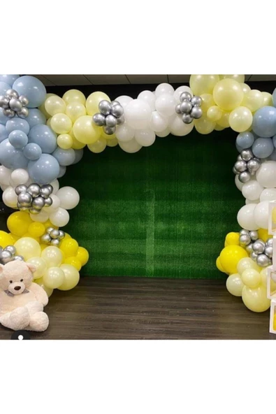 Pazariz Krom Gümüş Pastel Sarı Beyaz Gri Ve Makaron Sarı Balon Zinciri 100 Adet