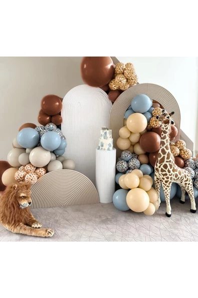 Pazariz Retro Fırtına Mavisi Karamel Kahve Safari Temalı Balon Seti 100 Adet