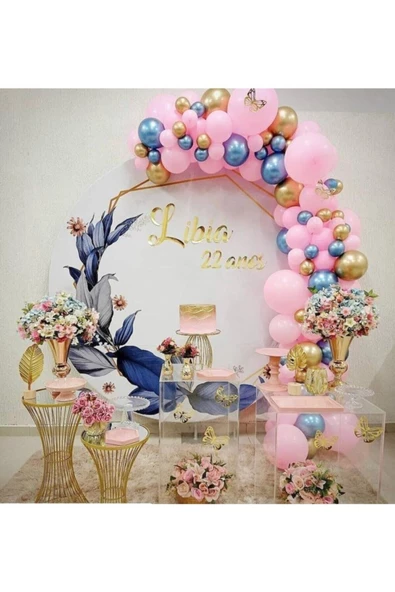 Pazariz Krom Gold Krom Mavi Ve Makaron Pembe Balon Zinciri 100 Adet - 1