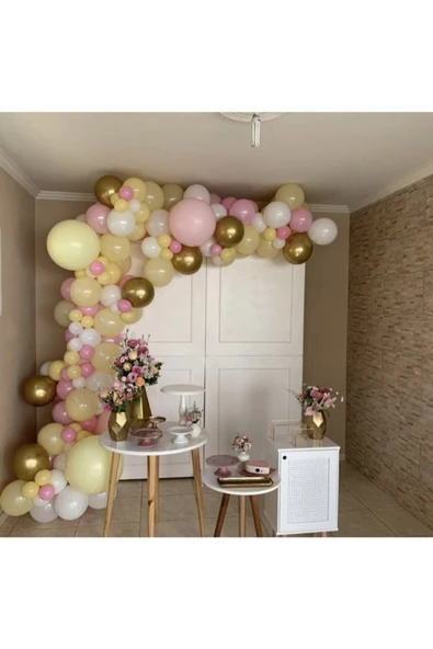 Pazariz Krom Gold Makaron Sarı Pembe Ve Beyaz Balon Zinciri 100 Adet ürün görseli