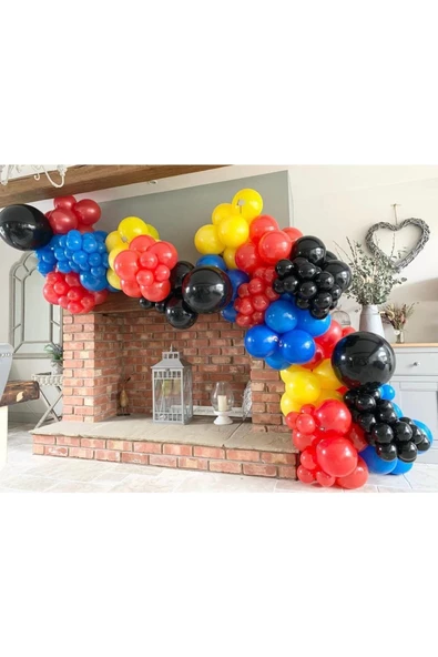 Pazariz Pastel Siyah Kırmızı Sarı Mavi Ve Kırmızı Balon Zinciri 100 Adet