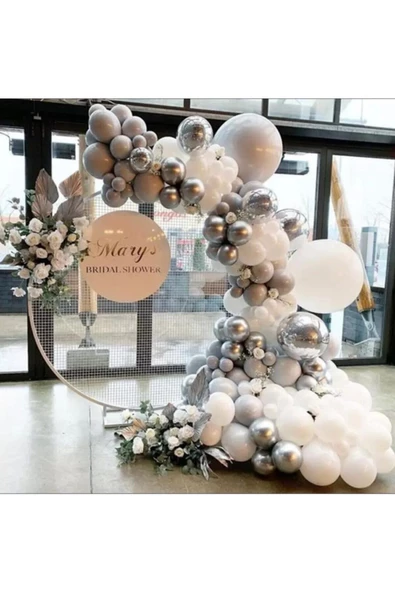 Pazariz Krom Gümüş Pastel Beyaz Ve Taş Rengi Balon Zinciri 100 Adet ürün görseli