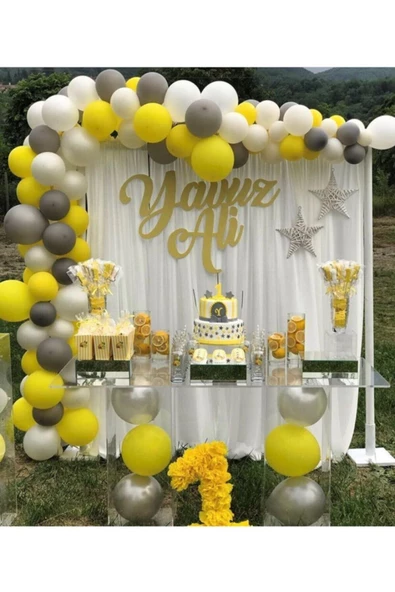 Pazariz 100 Adet Sarı Gri Beyaz Balon Ve Balon Zinciri