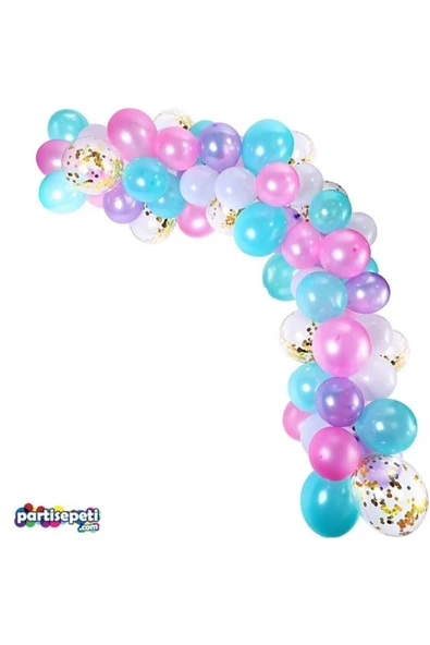 Pazariz Zincir Balon Seti Pembe - Mavi - Mor / Konfetili 130 Adet Balon