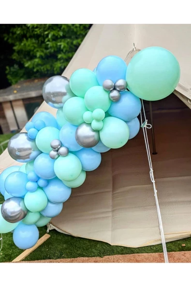 Pazariz Krom Gümüş Mint Yeşili Ve Makaron Mavi Balon Zinciri 100 Adet ürün görseli
