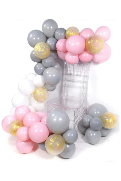 Pazariz Pastel Gri Beyaz Pembe Ve Şeffaf Gold Konfetili Balon Zinciri 100 Adet