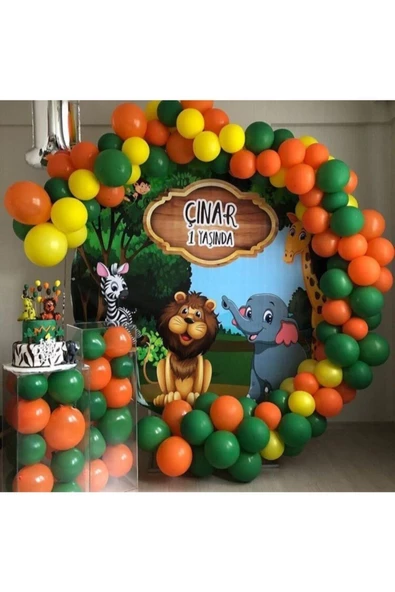 Pazariz Safari Konsepti Balon Zinciri Koyu Yeşil Turuncu Sarı 100 Adet