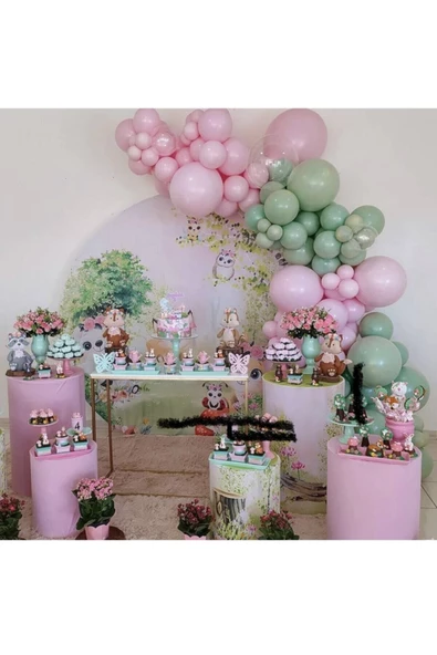 Pazariz Pastel Küf Yeşili Ve Makaron Pembe Balon Zinciri 100 Adet
