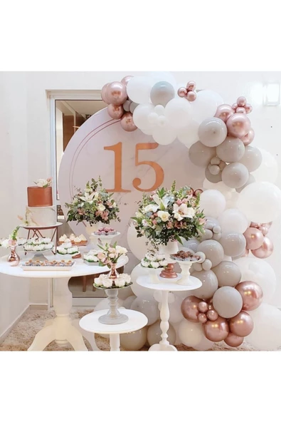 Pazariz Krom Rose Gold Pastel Gri Ve Beyaz Balon Zinciri 100 Adet