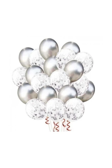 Pazariz 12 Inç Standart Boy Konfetili Balon 20 Adet Gümüş ürün görseli