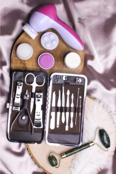 Pazariz Bakım Seti 5 Başlıklı Yüz Temizleme Aleti + 12 Parça Manikür Seti + Yeşim Taşı Masaj