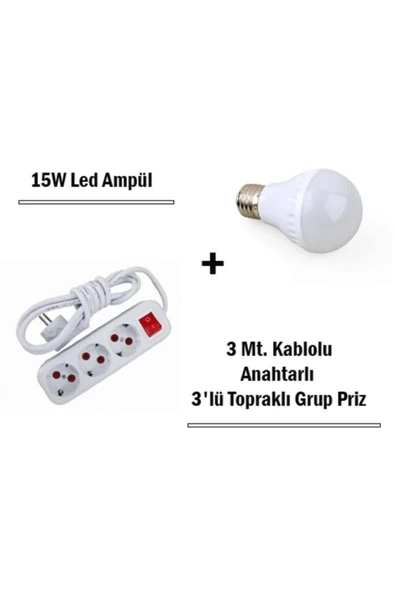 Pazariz 15w Led Ampul + 3 Metre Uzatmalı Anahtarlı 3lü Priz Set ürün görseli 1