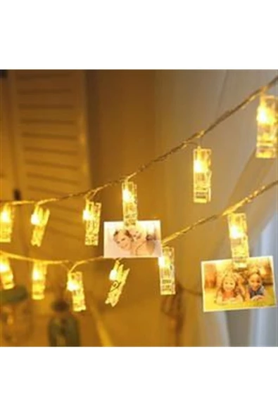 Pazariz 3 Metre 20'li Led Işıklı Dekoratif Fotoğraf Askılığı Mandalları - 3