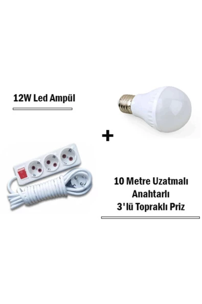 Pazariz 12w Led Ampul + 10 Metre Uzatmalı Anahtarlı 3lü Priz Set