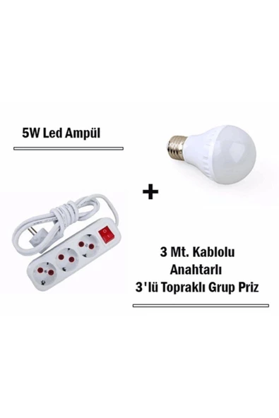 Pazariz 5w Led Ampul + 3 Metre Uzatmalı Anahtarlı 3lü Priz Set - 2