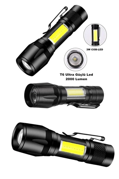 Pazariz Ultra Çift Yönlü Güçlü Pilli Led El Feneri 2000 Lümen + 6w Cob Led Su Geçirmez Zoomlu 3 Modlu