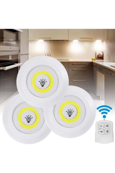Pazariz Led Işık Kablosuz Uzaktan Kumandalı Dolap Içi Led Ampul Seti 3lü Set Gece Lambası Spot Lamba