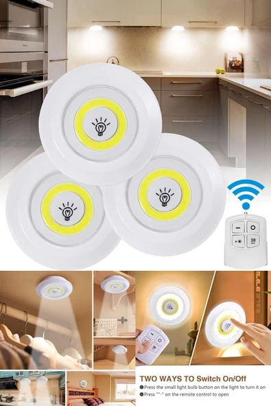 Pazariz 3'lü Uzaktan Kumandalı Pilli Yapışkanlı Kablosuz Led Spot Lamba - Resim 2