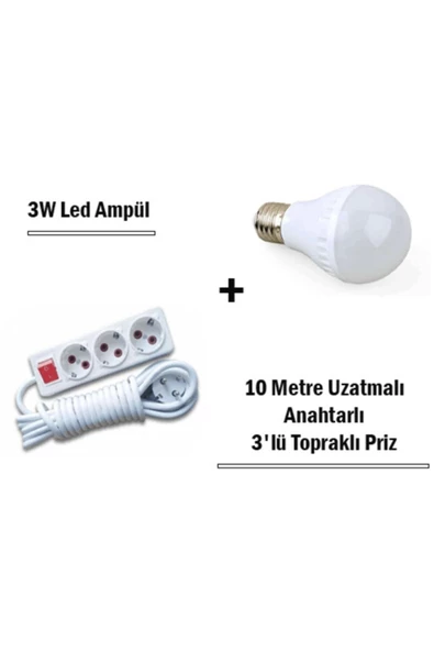 Pazariz 3w Led Ampul + 10 Metre Uzatmalı Anahtarlı 3lü Priz Set-