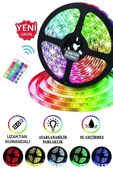 Pazariz Şerit Led Işık Rgb 5 Metre Hazır Set Tak Çalıştır Kumandalı Adaptörlü Silikonlu ürün görseli 1