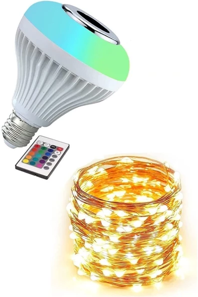 Pazariz 2'li Set Kumandalı Ampul Şekilli Bluetooth Hoparlör Led Işık + Peri Led Işık Yılbaşı Aksesuar (3 Met ürün görseli 1