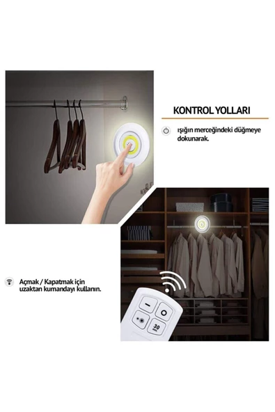 Pazariz 3'lü Uzaktan Kumandalı Pilli Yapışkanlı Kablosuz Led Spot Lamba - Resim 3