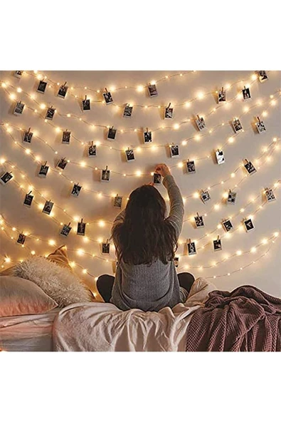 Pazariz Peri Led Işık 5 Metre Sarı Pilli + 25 Adet Küçük Mandal Mandallı ürün görseli 1